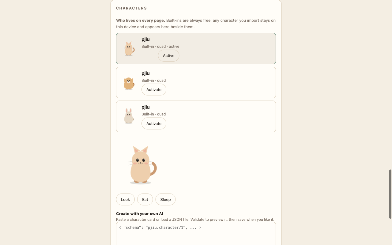Choosing between the cat, dog, and rabbit characters in pjiu's options page